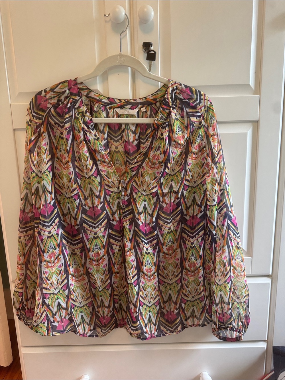 Woven Printed Long-Sleeve Blouse in Multi Pink